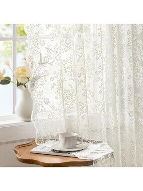 Vintage Lace Curtains - 2 Panels, 63" Length, Elegant Ivory Window Drapes
